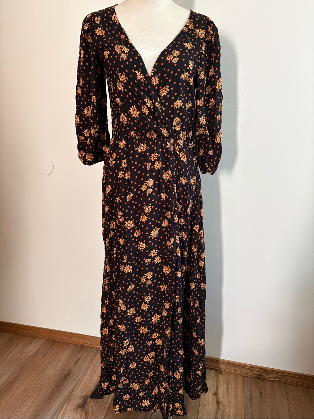 ASOS Design Wrap Front Floral Spot Print Black Yellow Midi Dress Size 4